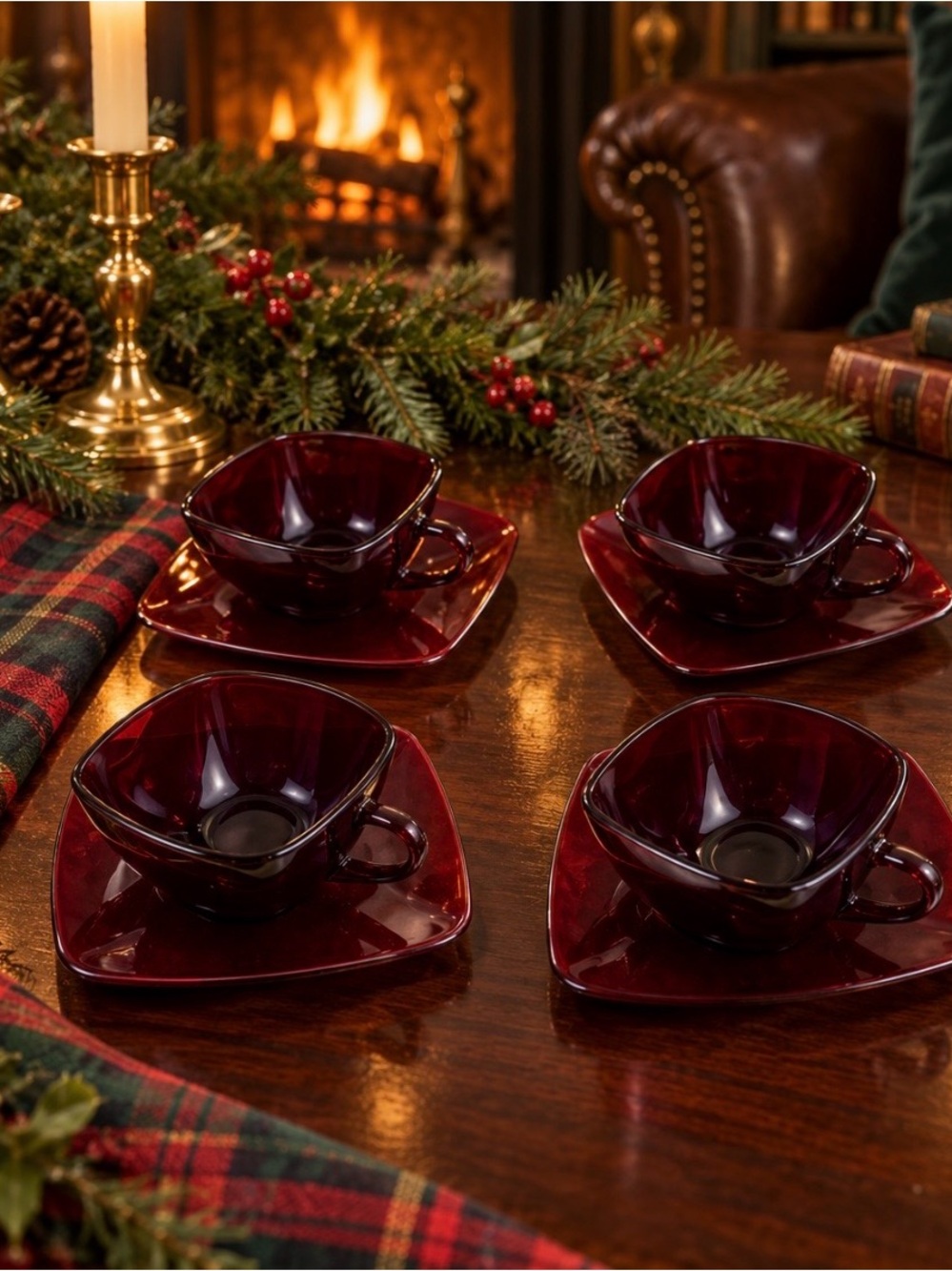 Vintage Anchor Hocking Ruby Red Cup & Saucer Set of 4